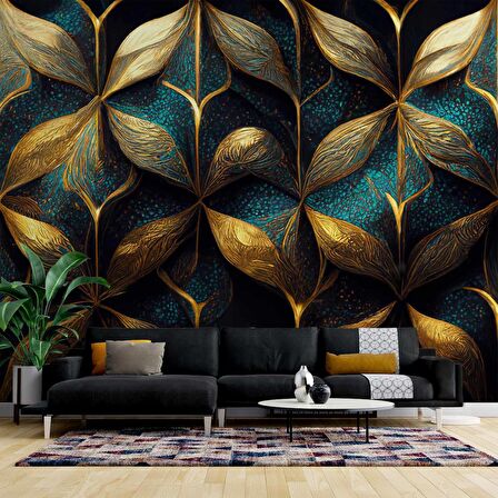 Gold-Mavi Desenli Duvar Kağıdı Baskı