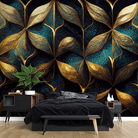 Gold-Mavi Desenli Duvar Kağıdı Baskı