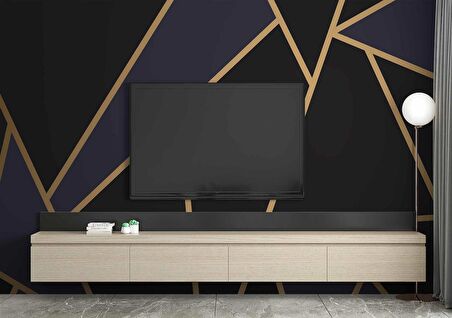 Gold,Siyah ve Lacivert Üçgen Desenli Duvar Kağıdı Baskı