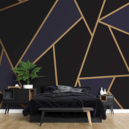 Gold,Siyah ve Lacivert Üçgen Desenli Duvar Kağıdı Baskı