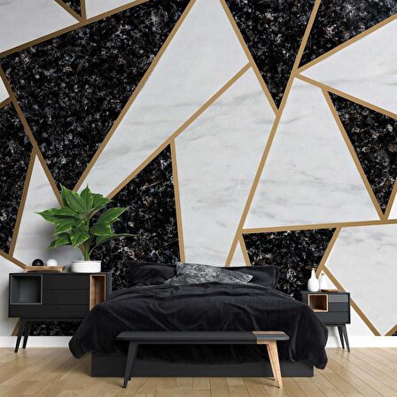 Siyah Beyaz Üçgen Mermer Desenli Duvar Kağıdı Baskı