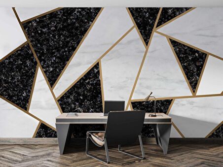 Siyah Beyaz Üçgen Mermer Desenli Duvar Kağıdı Baskı