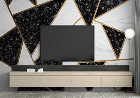 Siyah Beyaz Üçgen Mermer Desenli Duvar Kağıdı Baskı