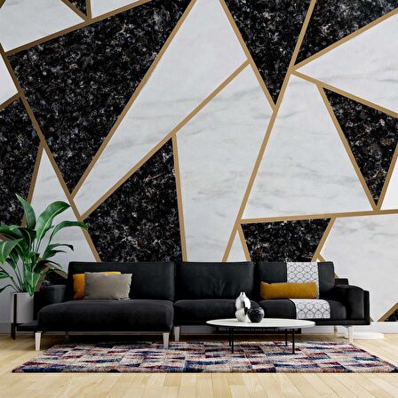 Siyah Beyaz Üçgen Mermer Desenli Duvar Kağıdı Baskı