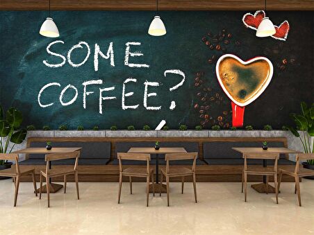 Kahve Bardağı ve Yazı Temalı Cafe Duvar Kağıdı Baskı