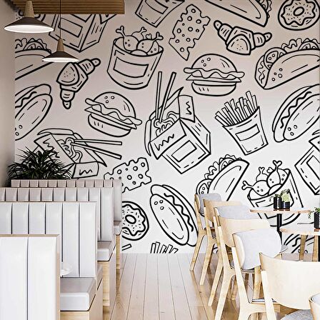 Fast-Food Desenli Cafe Duvar Kağıdı Baskı