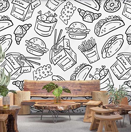 Fast-Food Desenli Cafe Duvar Kağıdı Baskı