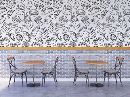 Fast-Food Desenli Cafe Duvar Kağıdı Baskı