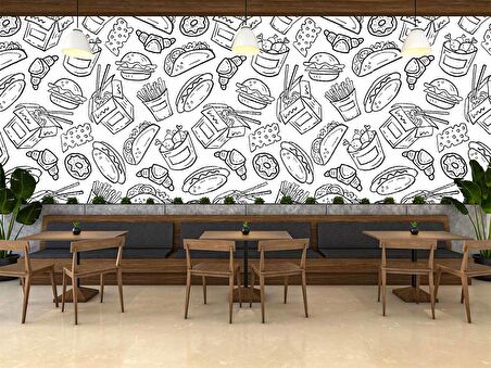 Fast-Food Desenli Cafe Duvar Kağıdı Baskı