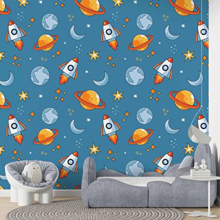 Uzay Temalı Çocuk Odası Duvar Kağıdı Baskı