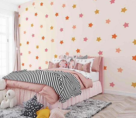 Pembe Yıldız Desenli Çocuk Odası Duvar Kağıdı Baskı