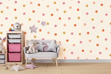 Pembe Yıldız Desenli Çocuk Odası Duvar Kağıdı Baskı