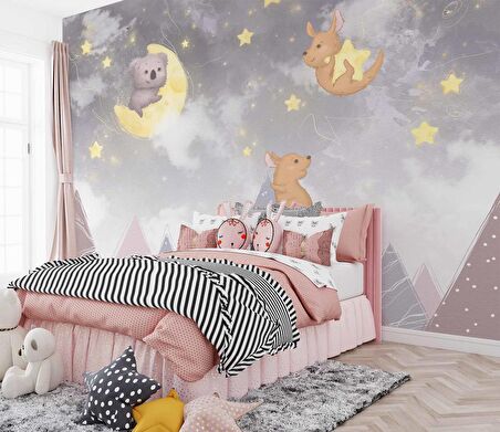 Ayıcı ve Ay Desenli Çocuk Odası Duvar Kağıdı Baskı