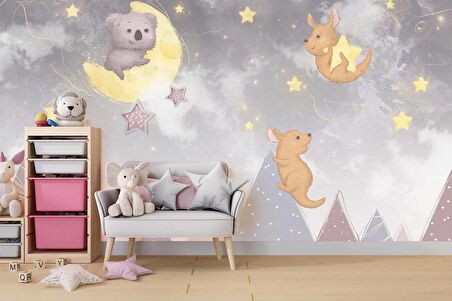 Ayıcı ve Ay Desenli Çocuk Odası Duvar Kağıdı Baskı