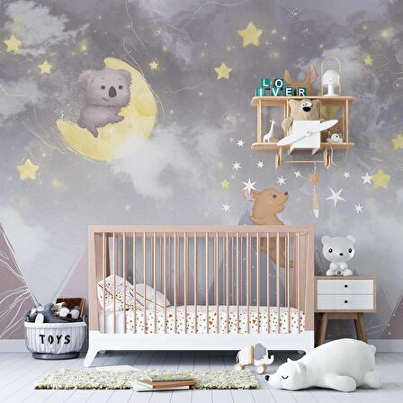 Ayıcı ve Ay Desenli Çocuk Odası Duvar Kağıdı Baskı