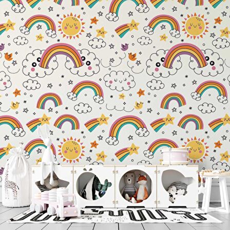 Bulut-Gökkuşağı Temalı Duvar Kağıdı Baskı