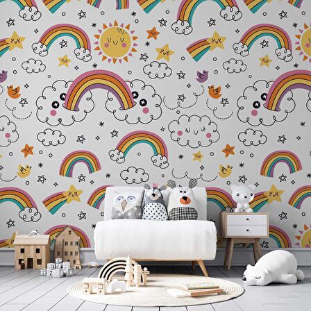 Bulut-Gökkuşağı Temalı Duvar Kağıdı Baskı