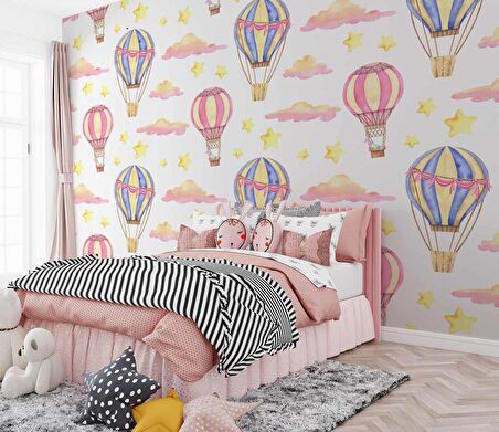 Uçan Balon Temalı Çocuk Odası Duvar Kağıdı Baskı