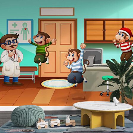 Doktor ve Maymun Desenli Çocuk Oyun Odası Duvar Kağıdı Baskı