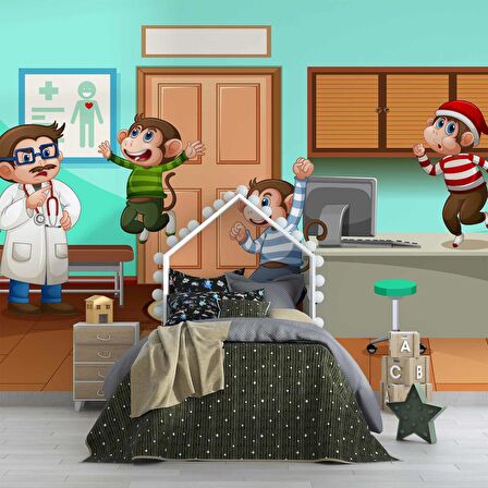 Doktor ve Maymun Desenli Çocuk Oyun Odası Duvar Kağıdı Baskı