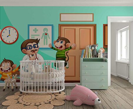 Doktor ve Maymun Desenli Çocuk Oyun Odası Duvar Kağıdı Baskı