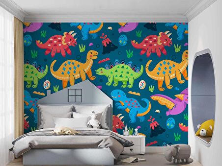 Renkli Dinozor Desenli Çocuk Oyun Odası Duvar Kağıdı Baskı