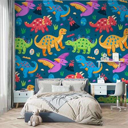 Renkli Dinozor Desenli Çocuk Oyun Odası Duvar Kağıdı Baskı