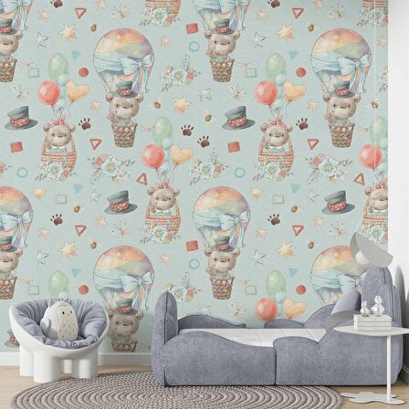 Ayıcık ve Balon Desenli Bebek Odası Duvar Kağıdı Baskı