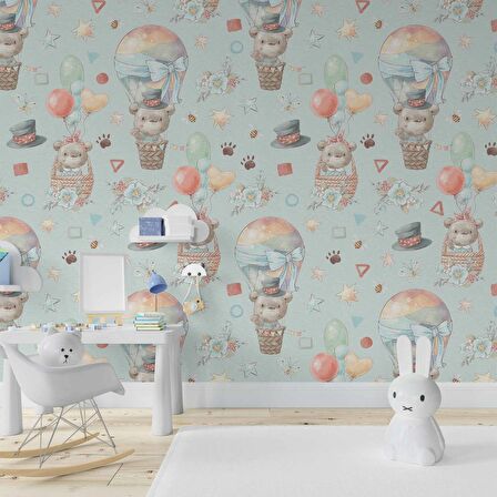 Ayıcık ve Balon Desenli Bebek Odası Duvar Kağıdı Baskı