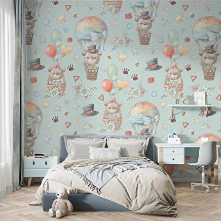 Ayıcık ve Balon Desenli Bebek Odası Duvar Kağıdı Baskı