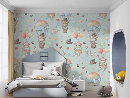 Ayıcık ve Balon Desenli Bebek Odası Duvar Kağıdı Baskı