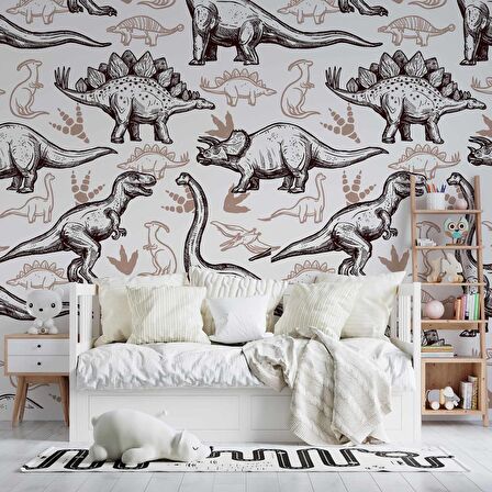 Kahverengi -Beyaz Dinozor Desenli Duvar Kağıdı Baskı