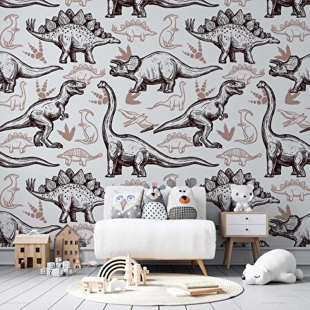 Kahverengi -Beyaz Dinozor Desenli Duvar Kağıdı Baskı