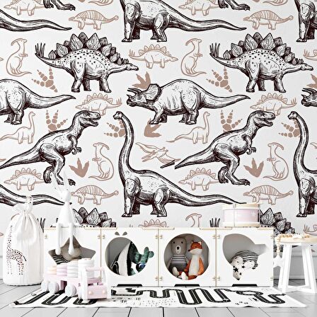 Kahverengi -Beyaz Dinozor Desenli Duvar Kağıdı Baskı