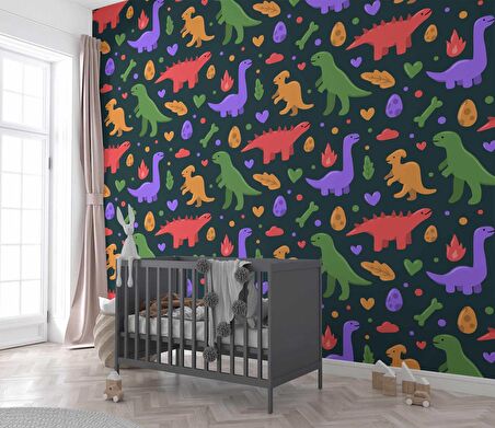 Renkli Dinozor Desenli Çocuk Odası Duvar Kağıdı Baskı
