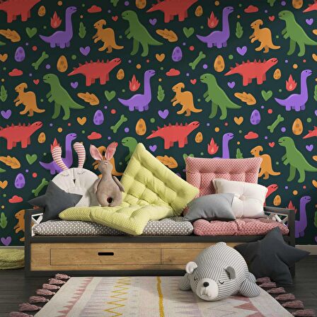 Renkli Dinozor Desenli Çocuk Odası Duvar Kağıdı Baskı