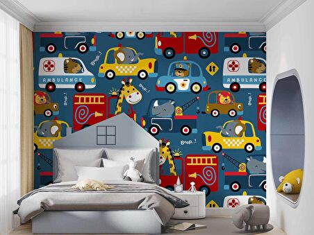 Araba Desenli Çocuk Odası Duvar Kağıdı Baskı