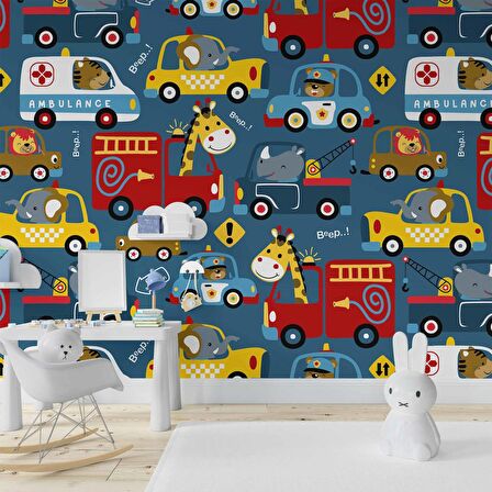 Araba Desenli Çocuk Odası Duvar Kağıdı Baskı