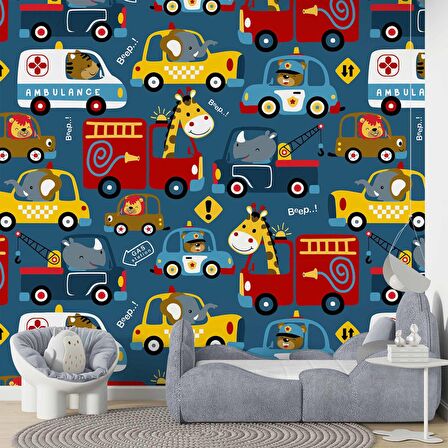 Araba Desenli Çocuk Odası Duvar Kağıdı Baskı