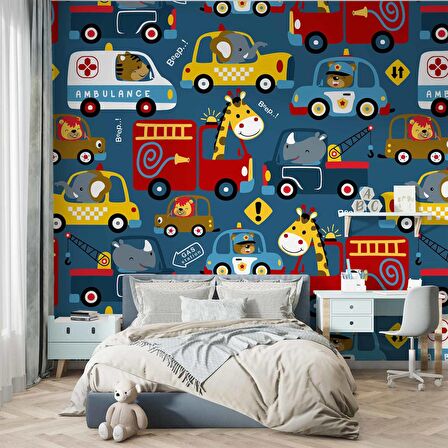 Araba Desenli Çocuk Odası Duvar Kağıdı Baskı