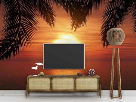 Günbatımı Palmiye Deniz Manzaralı Duvar Kağıdı Baskı