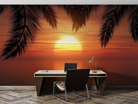 Günbatımı Palmiye Deniz Manzaralı Duvar Kağıdı Baskı