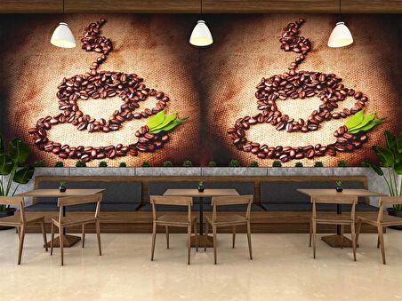 Kahve Çekirdekli Fincan Desenli Cafe Duvar Kağıdı Baskı