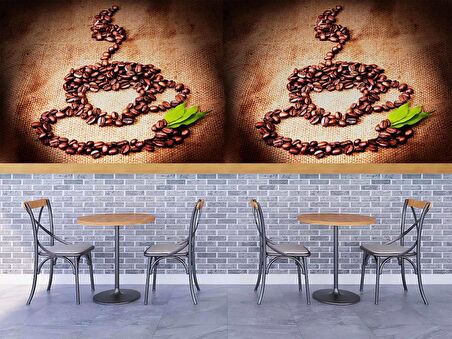 Kahve Çekirdekli Fincan Desenli Cafe Duvar Kağıdı Baskı