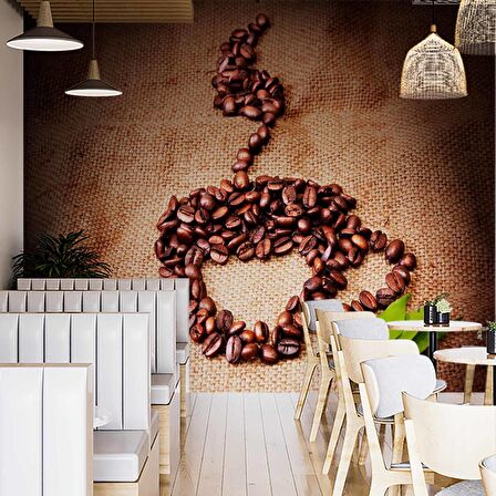Kahve Çekirdekli Fincan Desenli Cafe Duvar Kağıdı Baskı