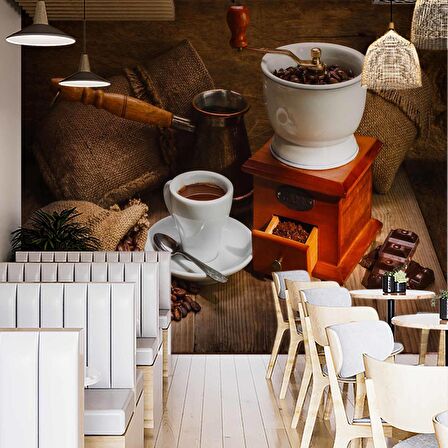 Kahve Öğütme ve Cezve Temalı Cafe Duvar Kağıdı Baskı