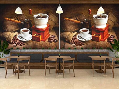 Kahve Öğütme ve Cezve Temalı Cafe Duvar Kağıdı Baskı