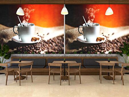 Fincan ve Kahve Temalı Cafe Duvar Kağıdı Baskı