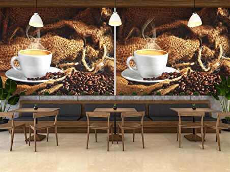 Fincan ve Kahve Çekirdeği Temalı Cafe Duvar Kağıdı Baskı