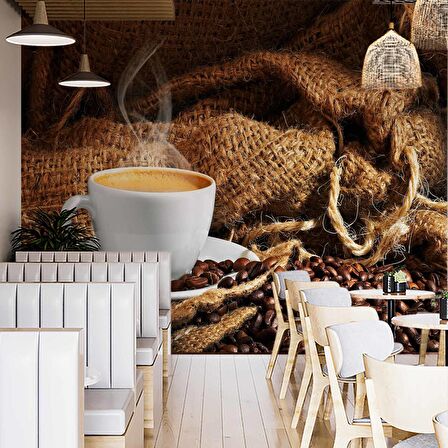 Fincan ve Kahve Çekirdeği Temalı Cafe Duvar Kağıdı Baskı
